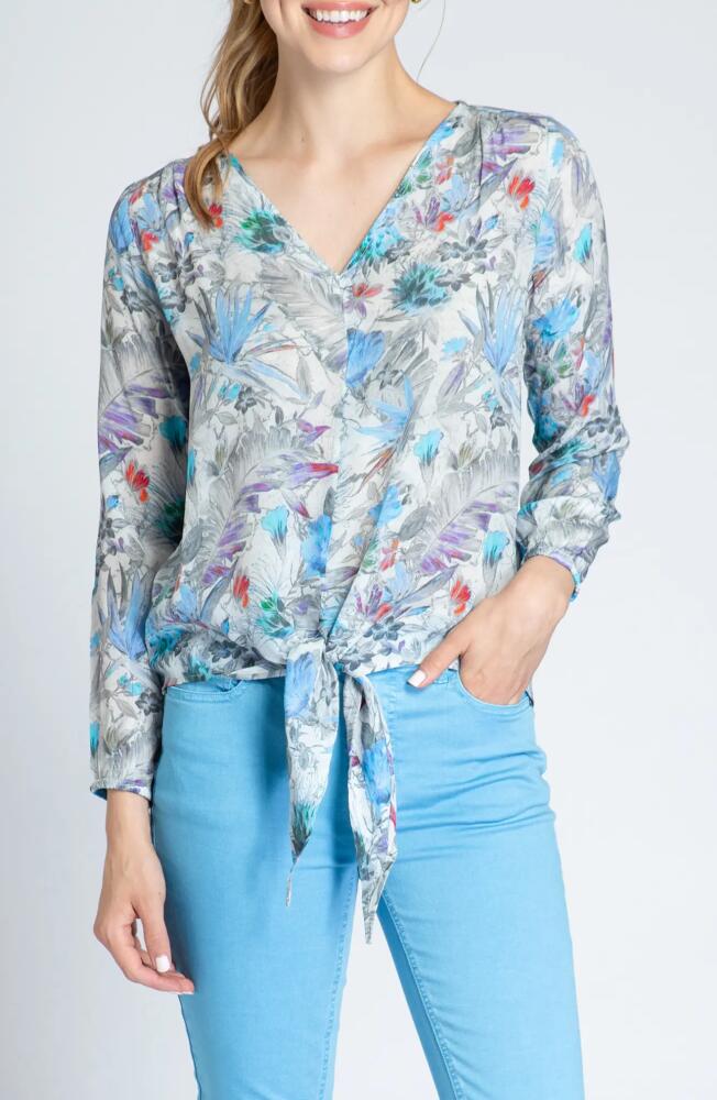 APNY Print V-Neck Tie Front Chiffon Top in Grey Multi Cover