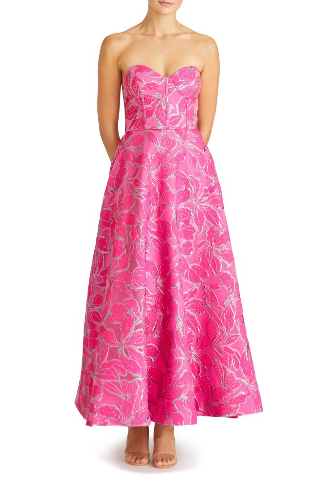 ML Monique Lhuillier Amelia Strapless Metallic Brocade Gown in Azalea Pink Cover