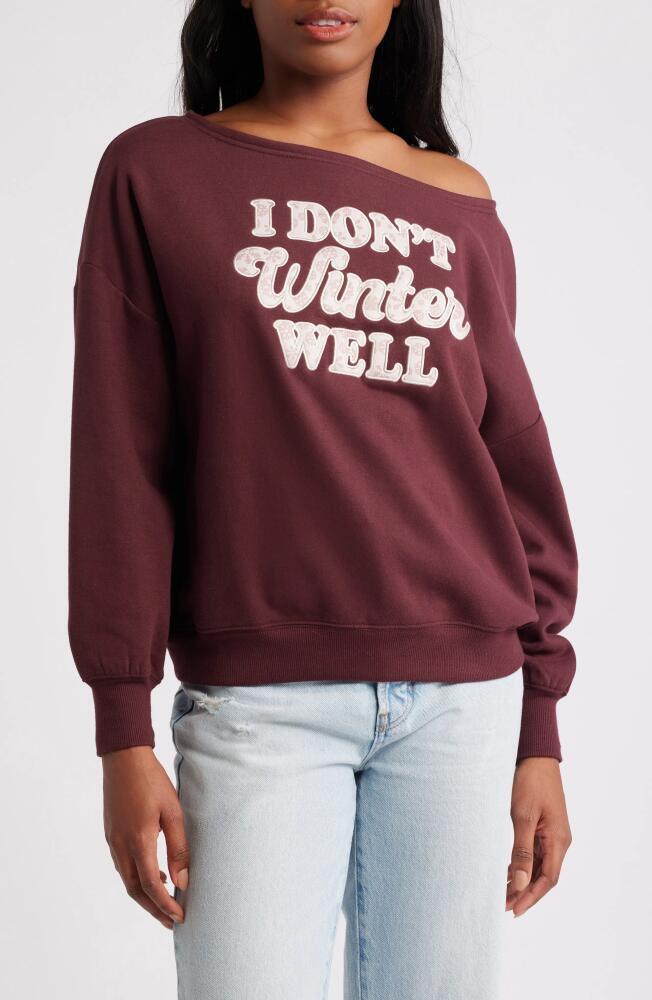 Vinyl Icons Winter Appliqué Off the Shoulder Graphic Fleece Sweatshirt in Maroon Cover