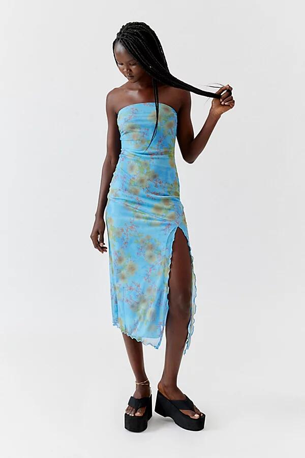 Urban Outfitters UO Samara Mesh Strapless Slit Midi Dress in Sky Cover