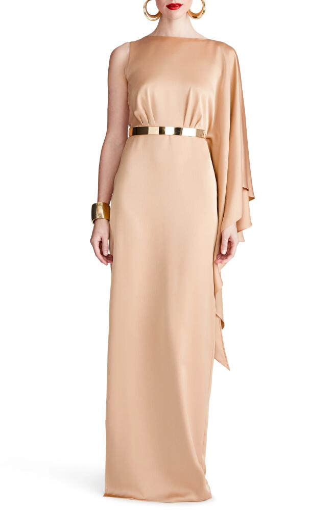 HALSTON Rhiannon Belted Satin Column Gown in Tan Beige Cover