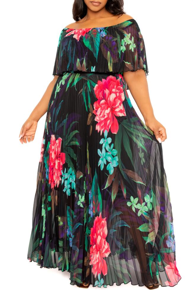 BUXOM COUTURE Floral Pleated Off the Shoulder Maxi Dress in Black Multi Cover