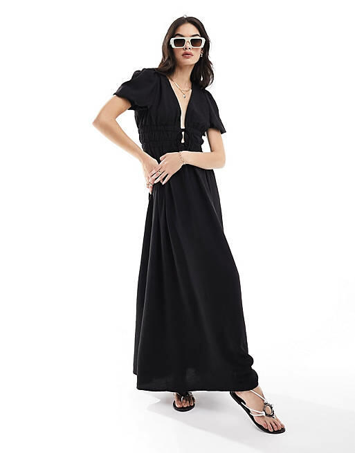 The Frolic Yasha tie detail maxi beach dress in black Cover