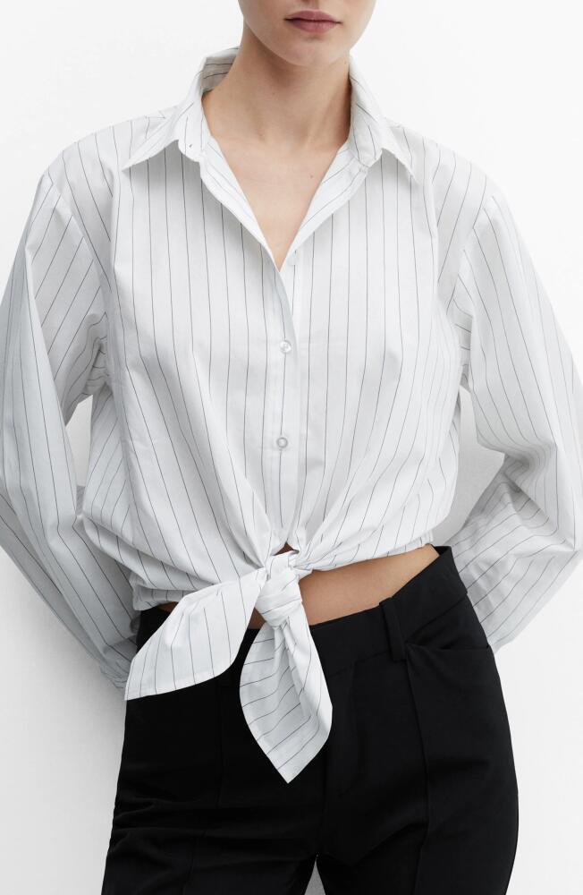 MANGO Stripe Tie Waist Crop Button-Up Poplin Top in Natural White Cover