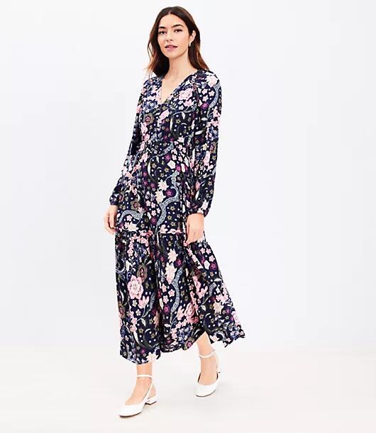 Loft Floral Shirred Flounce Midi Dress Cover