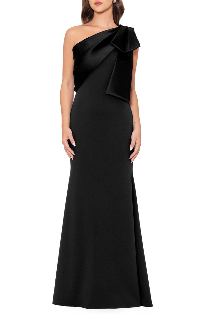 Betsy & Adam Satin Bow Crepe Mermaid Gown in Black Cover