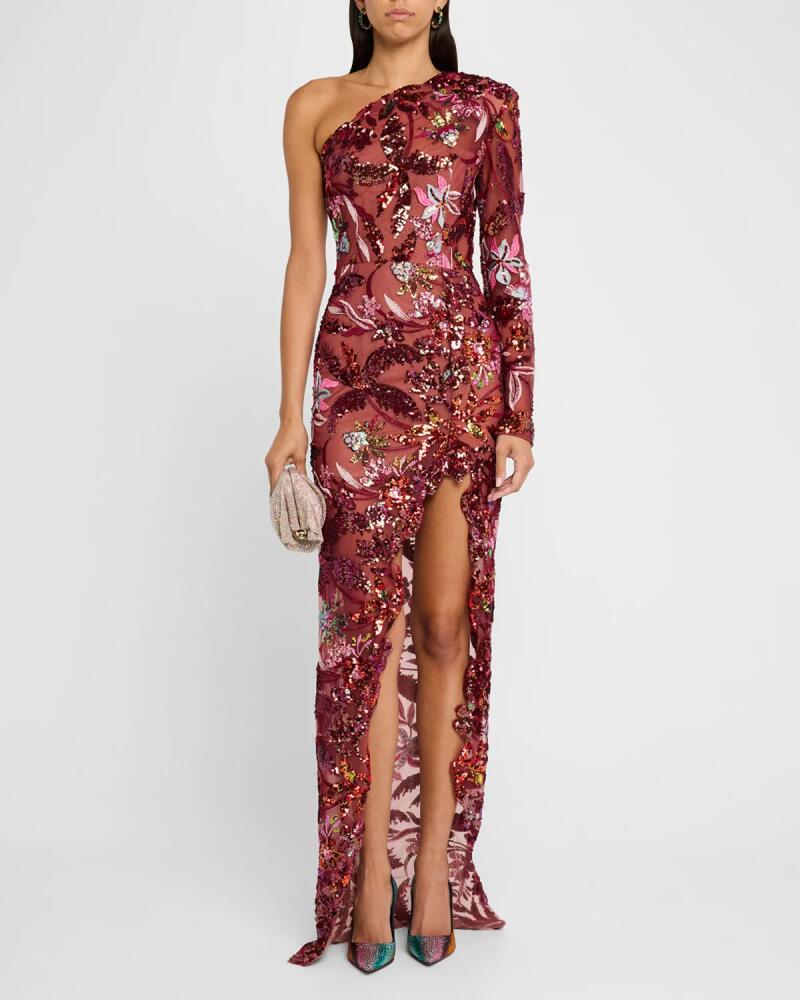 Bronx and Banco Tokyo One-Shoulder Sequin Embroidered Gown Cover