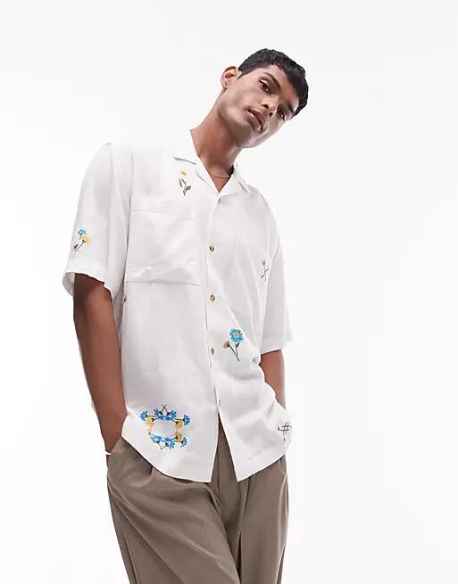 Topman short sleeve relaxed embroidered floral shirt in white Cover