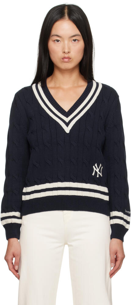 Sporty & Rich Navy '47 Edition Yankees Serif Cable Knit Sweater Cover