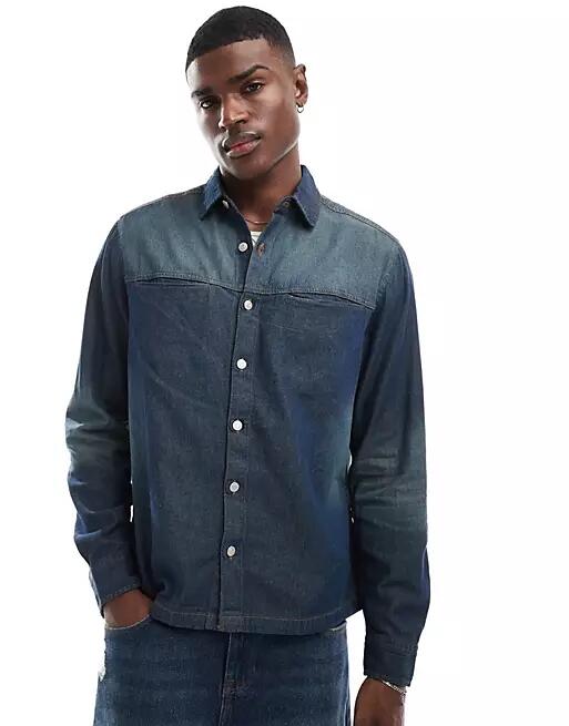 ASOS DESIGN denim cropped overshirt with wash details in dark blue Cover