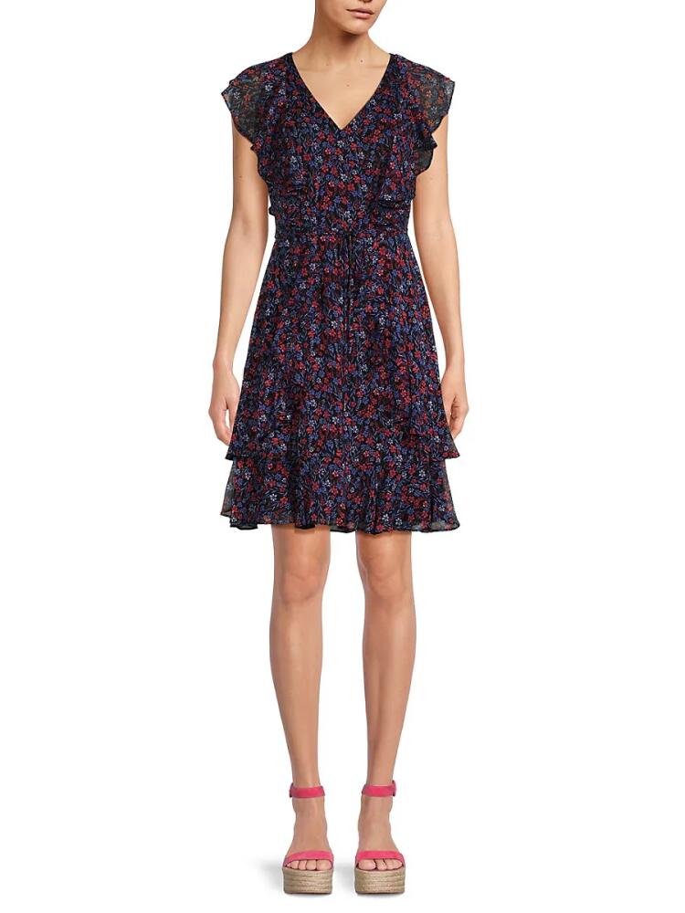 Tommy Hilfiger Women's Floral Ruffle Trim Mini Flare Dress - Sky Captain Cover