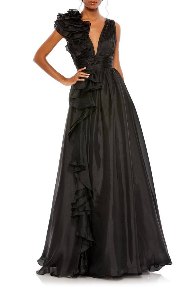 Mac Duggal Ruffle Detail Ruched Chiffon Ballgown in Black Cover