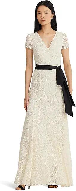 Lauren Ralph Lauren Belted Lace Gown (Mascarpone Cream/Black) Women's Dress Cover