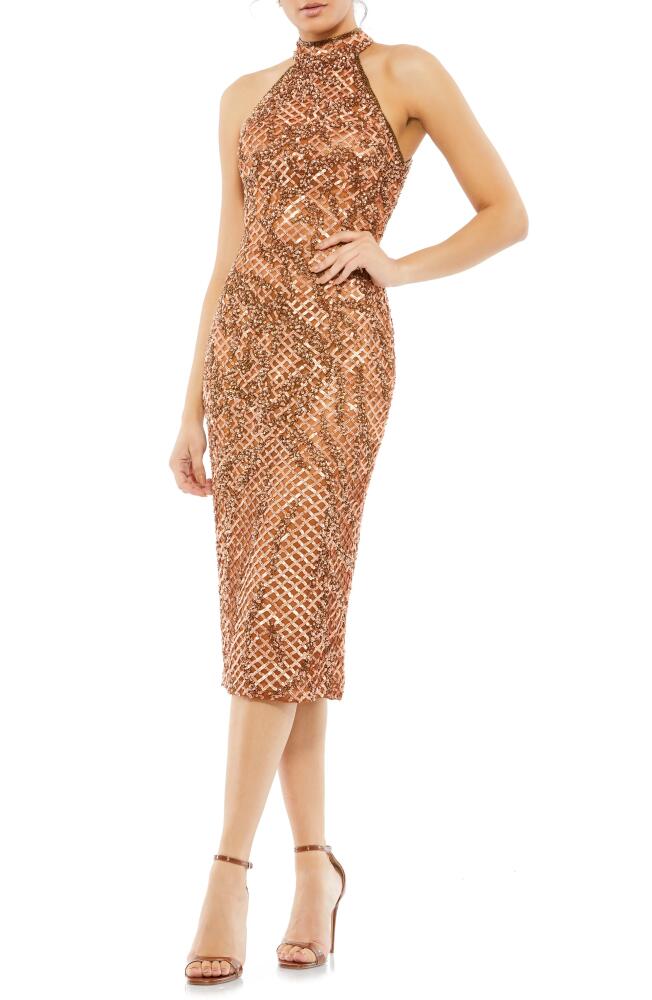 Mac Duggal Sequin Plaid Halter Neck Cocktail Dress in Copper Cover