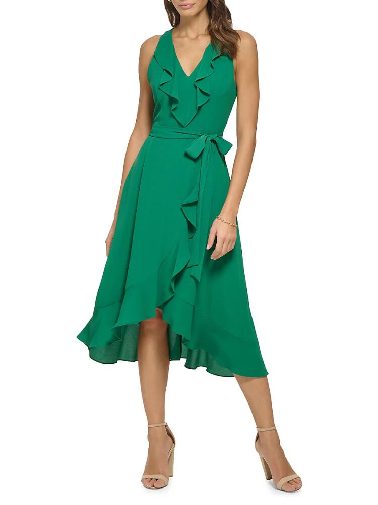 Kensie Women's Belted Ruffle Asymmetric Midi Dress - Tropical Green Cover