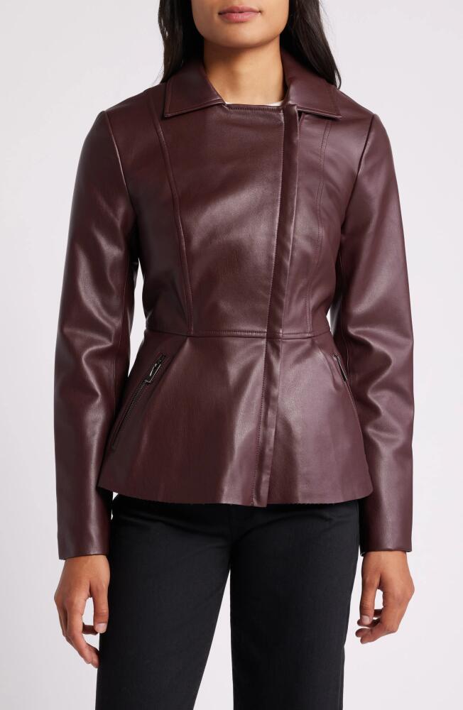 Via Spiga Peplum Faux Leather Moto Jacket in Burgundy Cover