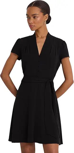 Lauren Ralph Lauren Belted Georgette Short Sleeve Dress (Black) Women's Dress Cover