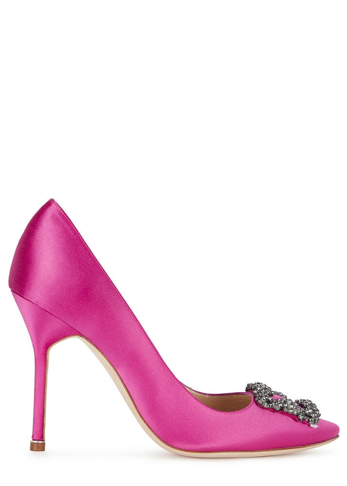 Manolo Blahnik Hangisi 105 Fuchsia Silk Satin Pumps Cover