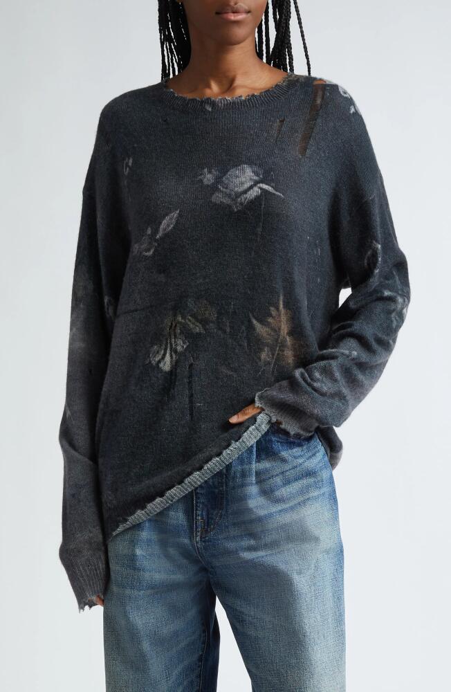 R13 Floral Oversize Distressed Cashmere Sweater in Black Floral Cover