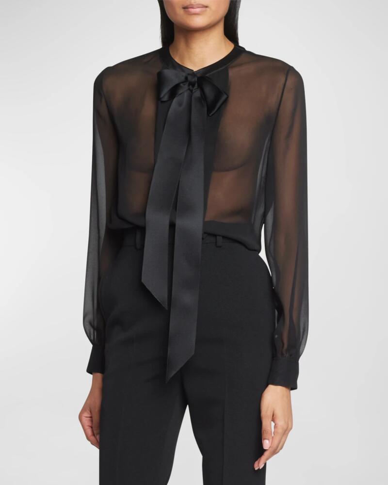 Saint Laurent Bow-Neck Silk Chiffon Blouse Cover