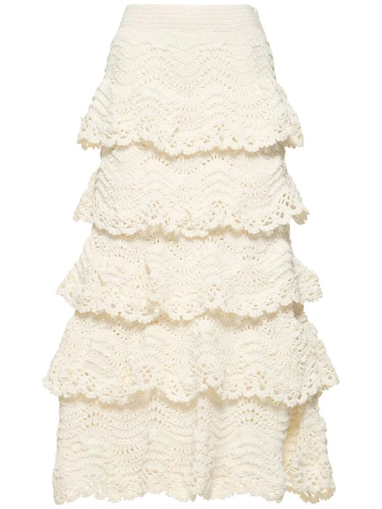 OSCAR DE LA RENTA Scalloped Cotton Crochet Midi Skirt Cover