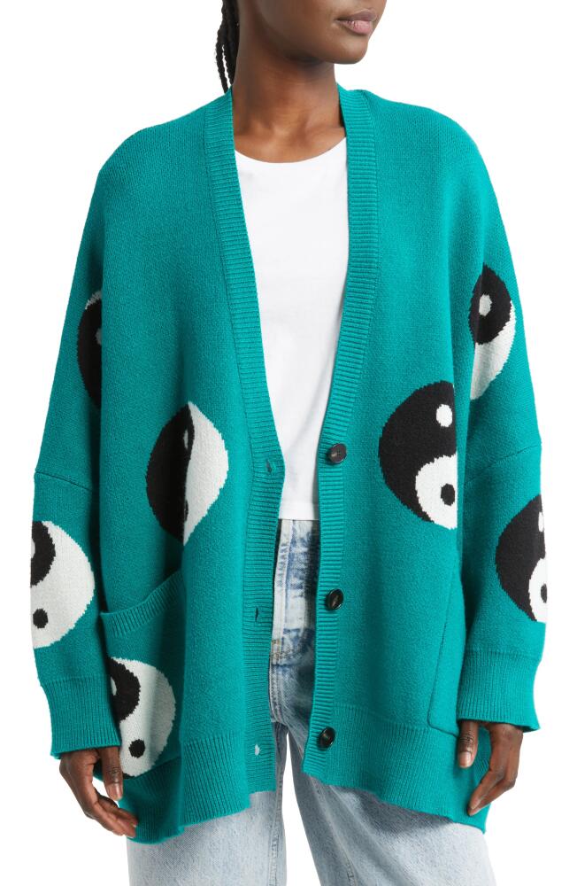 Dressed in Lala Yin & Yang Boxy Oversize Cardigan in Teal Yin Yang Cover