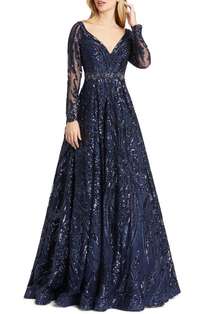 Mac Duggal Damask Sequin Long Sleeve Ballgown in Midnight Blue Cover