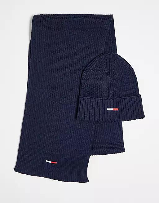 Tommy Jeans flag logo beanie and scarf set in navy Cover