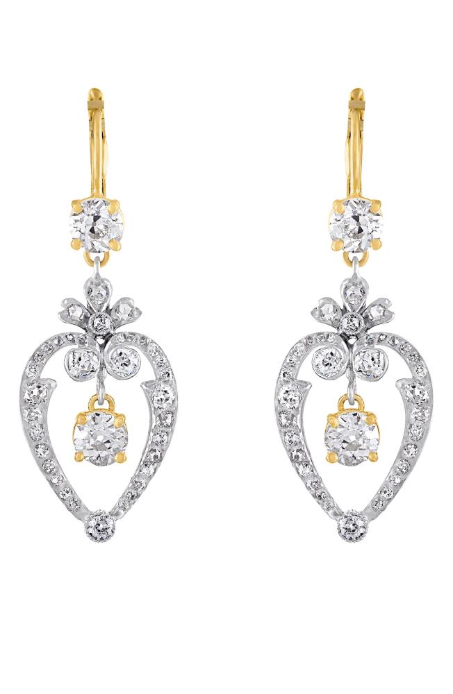 Mindi Mond Old Floral Heart Diamond Drop Earrings in Yellow Gold/Diamond Cover