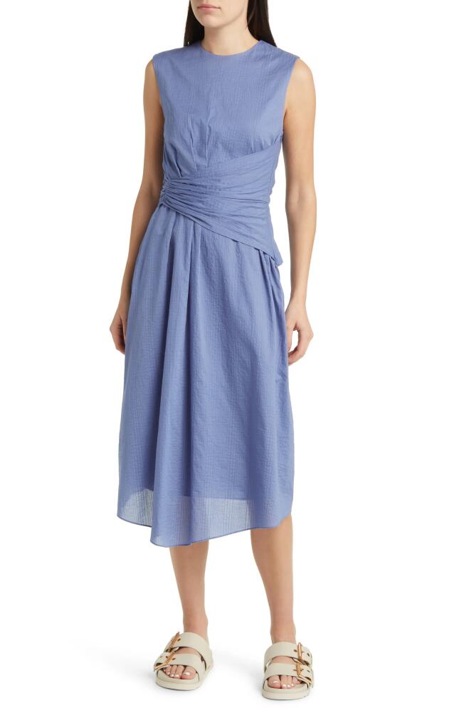 FRAME Ruched Sleeveless Cotton Midi Dress in Coastal Blue Cover