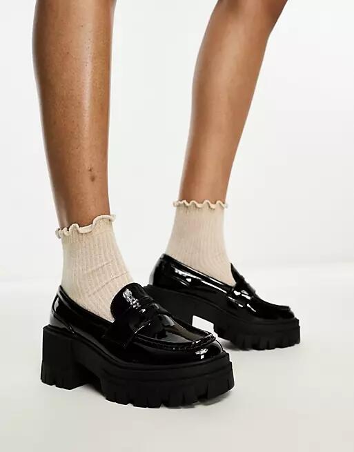 ASOS DESIGN Script chunky mid heeled loafers in black patent Cover