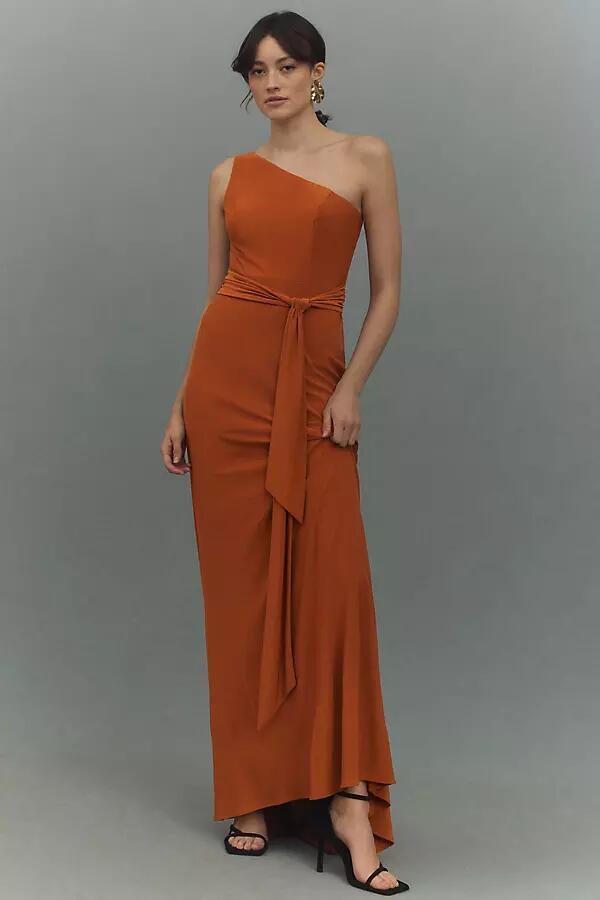 Mac Duggal One-Shoulder Belted Jersey Trumpet Maxi Dress Cover