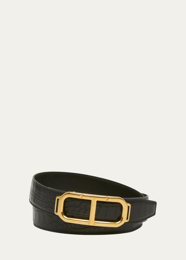 TOM FORD Men's Croc-Effect Leather Stadium T-Buckle Belt Cover