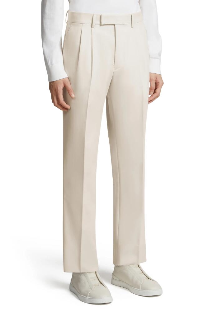 ZEGNA Pleated Cotton & Wool Trousers in Neutral Cover