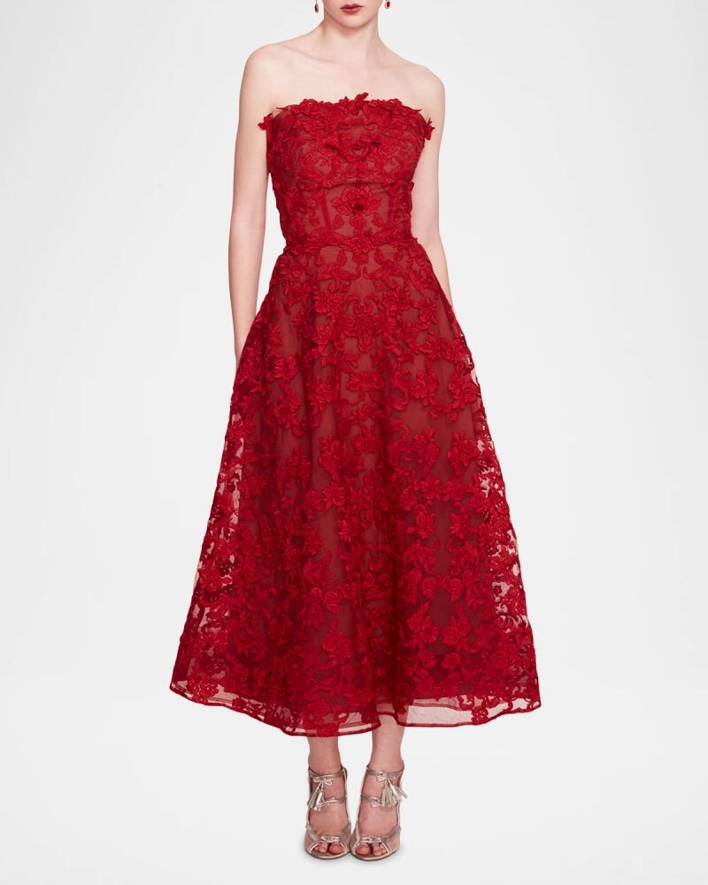 Marchesa Notte Strapless A-Line Lace Midi Dress Cover