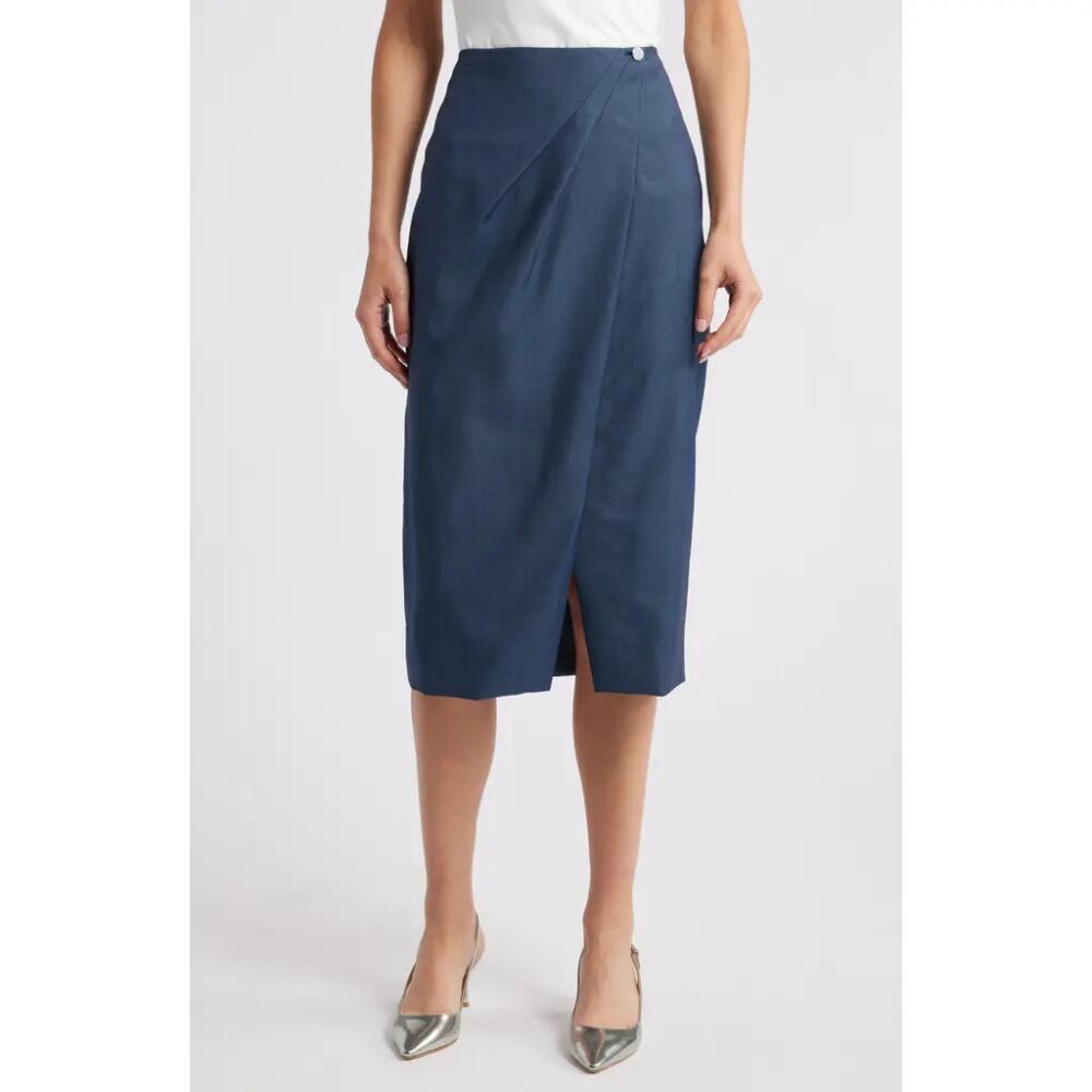 BOSS Velibea Virgin Wool Faux Wrap Midi Skirt in Indigo Cover