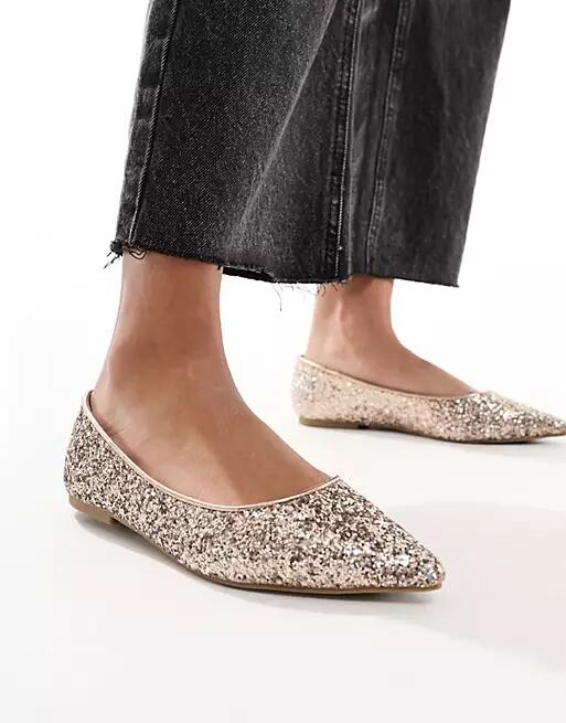 ASOS DESIGN Lucky pointed ballet flats in rose gold glitter Cover