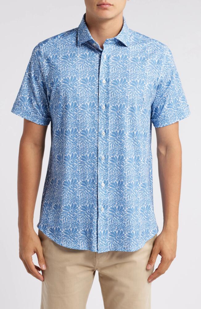 Emanuel Berg 4Flex Modern Fit Leaf Print Short Sleeve Knit Button-Up Shirt in Bright Blue Cover