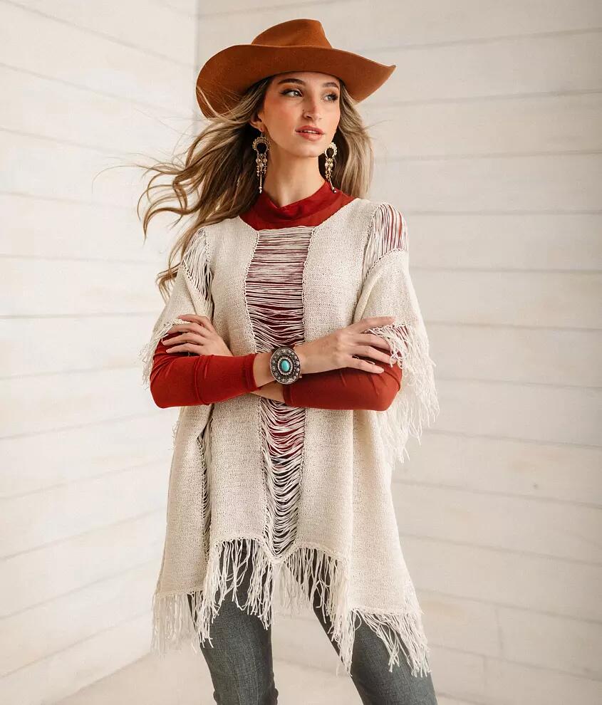 Sterling & Stitch Fringe Poncho Sweater - One Size Cover