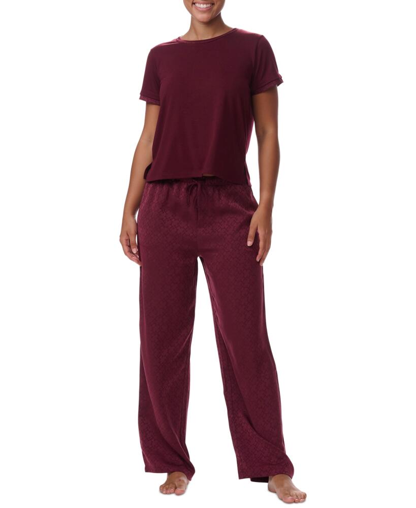 Tommy Hilfiger Women's 2-Pc. Short-Sleeve Satin Logo Pajamas Set - Deep Rouge Cover