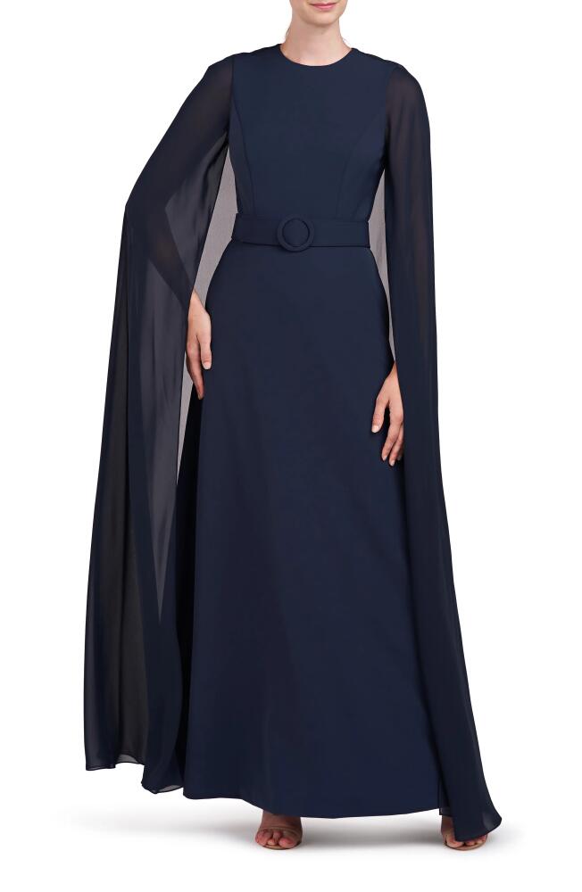 Kay Unger Freya Belted Cape Gown in Dark Navy Cover