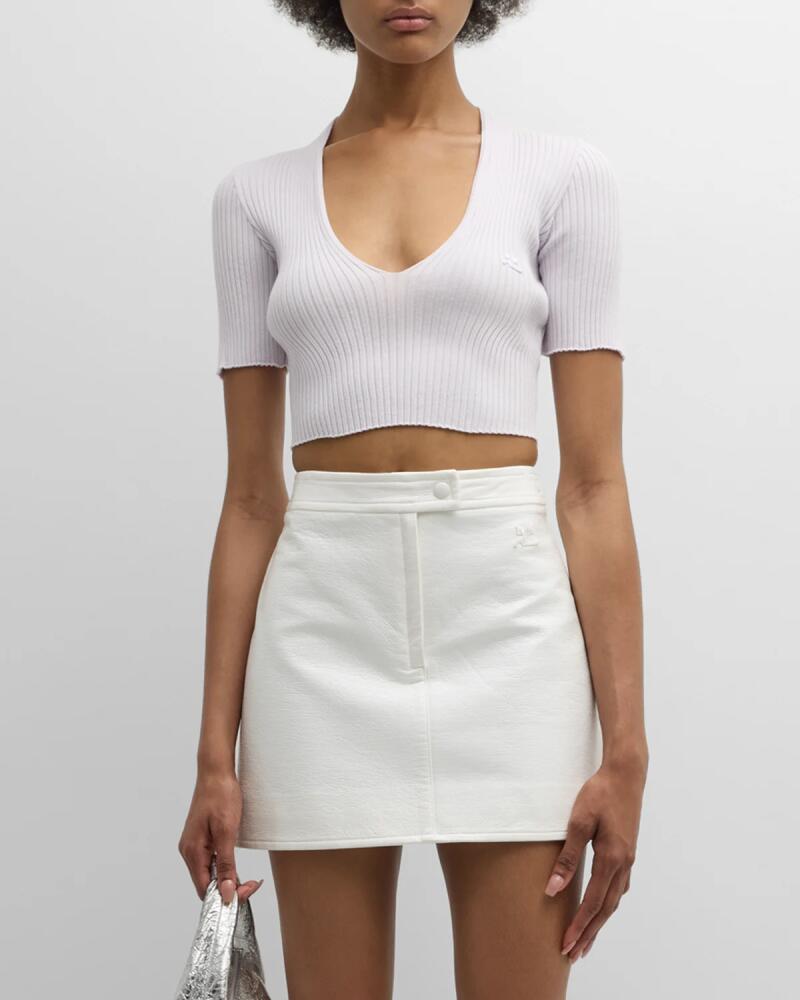 Courreges V-Neck Short-Sleeve Rib Crop Sweater Cover