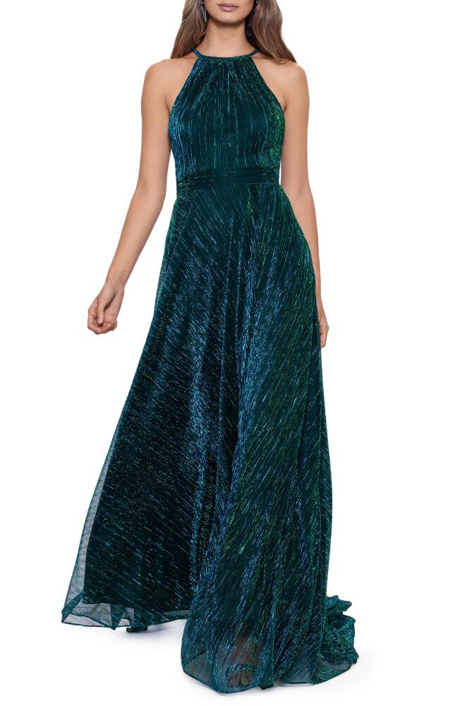 Betsy & Adam Metallic Crinkle Gown in Jade Cover