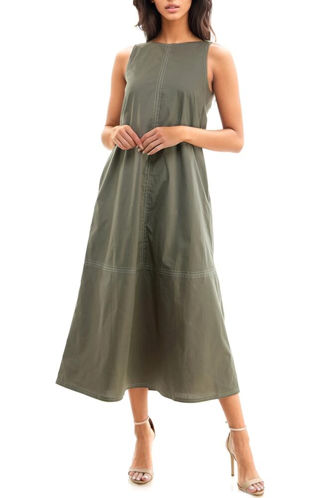 Socialite Seamed Stretch Cotton Midi Dress in Olive/Ivory Cover