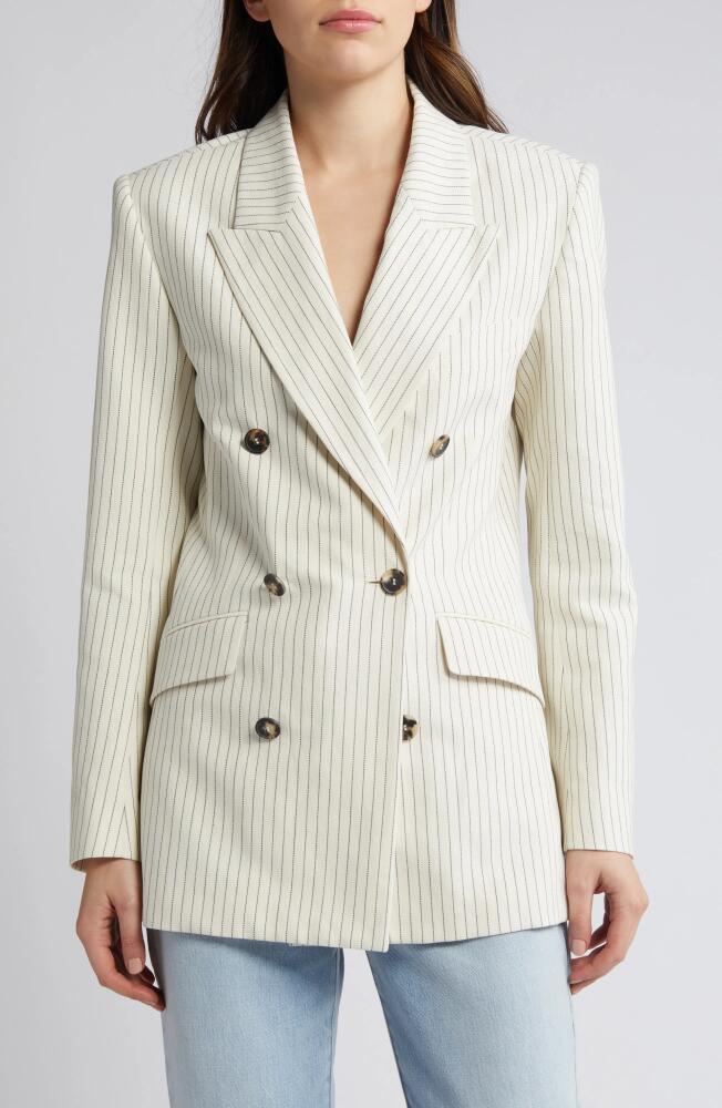 FRAME Pinstripe Double Breasted Cotton & Linen Blazer in Cream Multi Cover