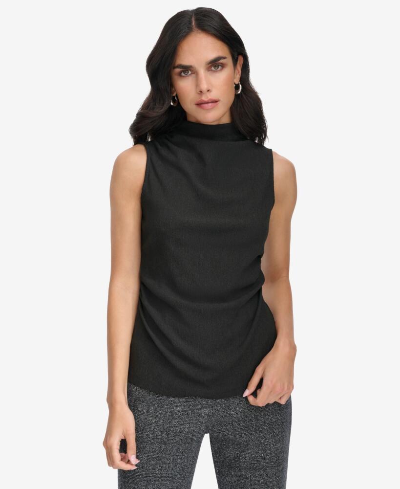 Calvin Klein Petite Textured Mock-Neck Ruched Blouse - Black Cover