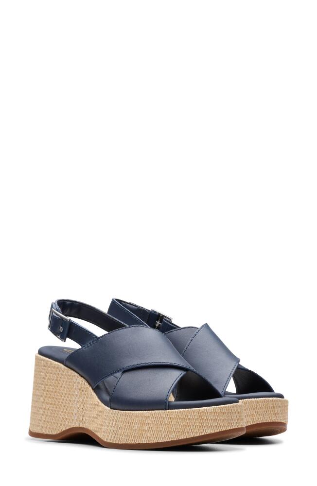 Clarks(r) Manon Wish Wedge Slingback Sandal in Navy Leather Cover