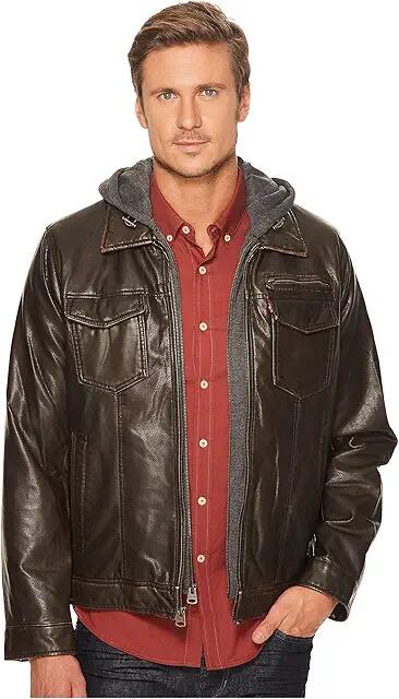 Levi's(r) Faux-Leather Trucker with Jersey Hood and Fleece Lining (Dark Brown) Men's Coat Cover