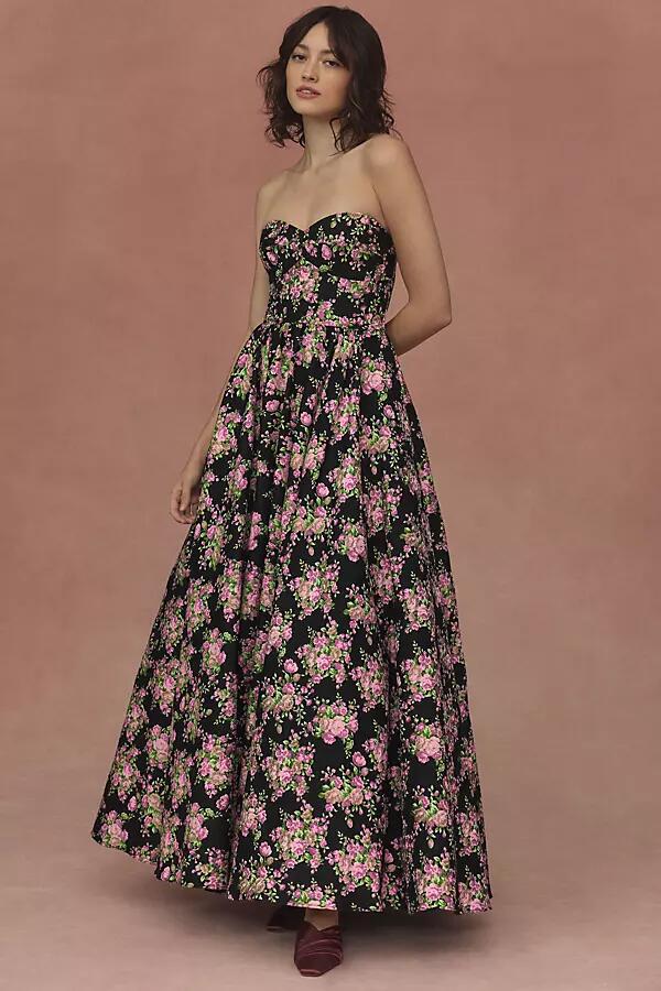 Mac Duggal Strapless Sweetheart Brocade Floral A-Line Maxi Dress Cover