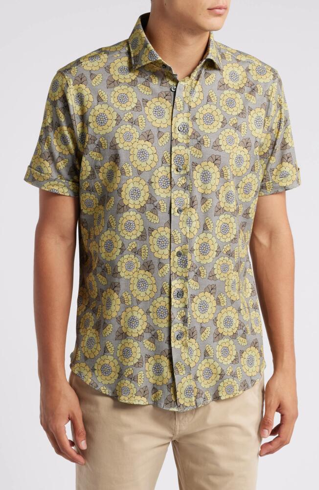 Emanuel Berg 4Flex Modern Fit Floral Short Sleeve Knit Button-Up Shirt in Medium Yellow Cover